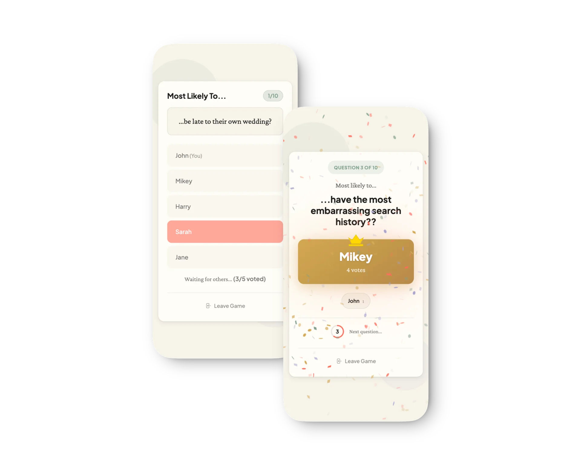 Most Likely To game online - multiplayer voting screen showing friends playing on mobile